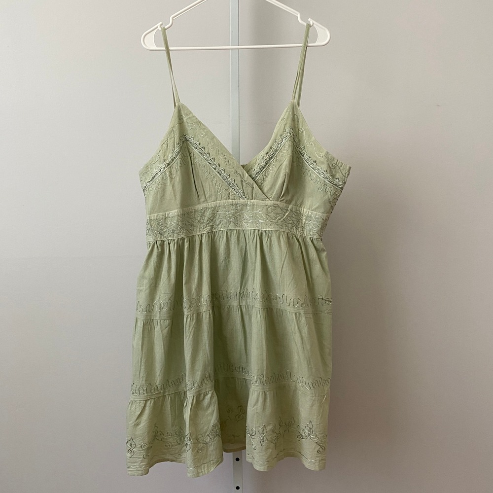 Mamta Cotton Boho Fairy Peasant Embroidered Tiered Smocked Dress OS Green